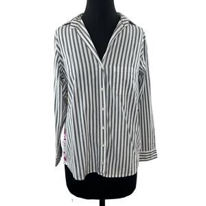 TOLANI Gray White Stripe Button-Up Tunic Top Multicolor Floral Long Sleeve XXS
